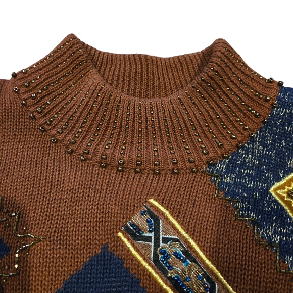 90s Beaded Geometric High Neck Sweater - Picture 2 of 7